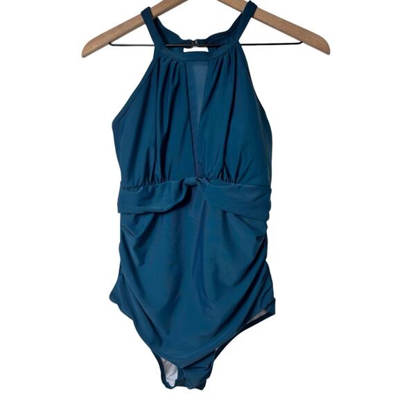 TEMPT ME HIGH NECK PLUNGE MESH RUCHED MONOKINI WOMEN SWIMSUIT SIZE MEDIUM NEW - Picture 2 of 7